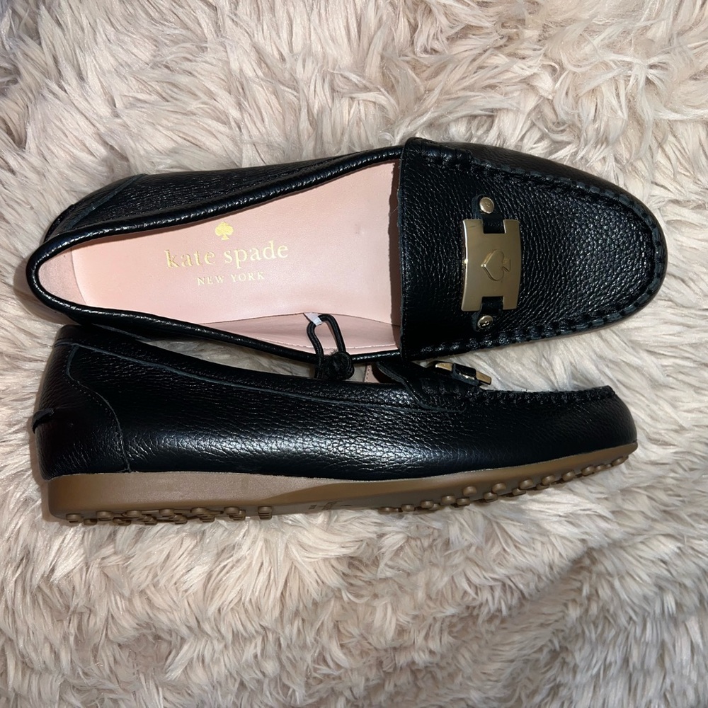 Kate Spade Black Textured Loafers with Gold Accent - Picture 3 of 3